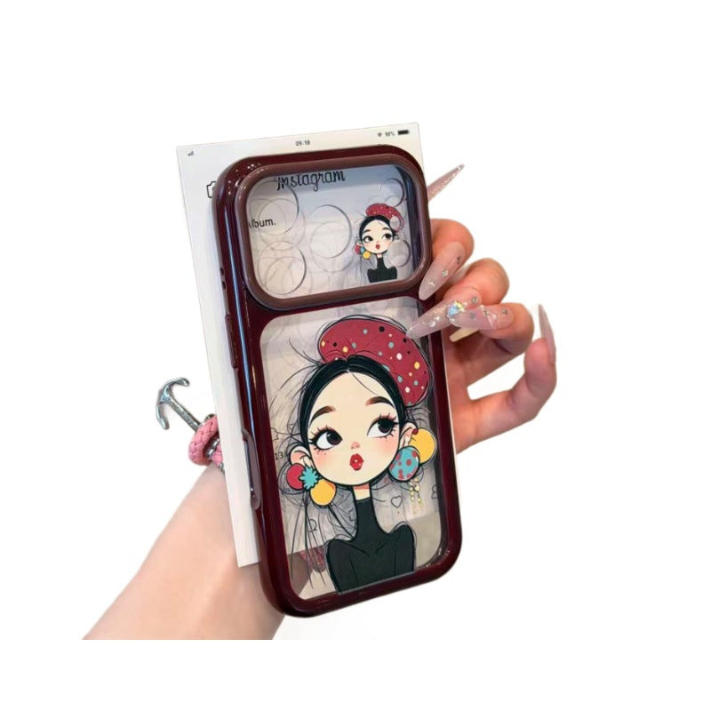 Two-tone, large-window cartoon girl phone case for iphone 18 - vintage hat girl apple 17 protective cover