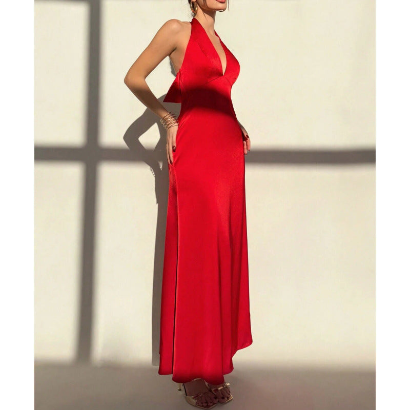Solid color backless bowknot bodycon maxi dress, women's elegant party dress for evening events and dates