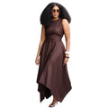 European and american women's clothing  autumn new collection: sweet and fresh round neck sleeveless high-waisted slimming a-line skirt with asymmetrical hem