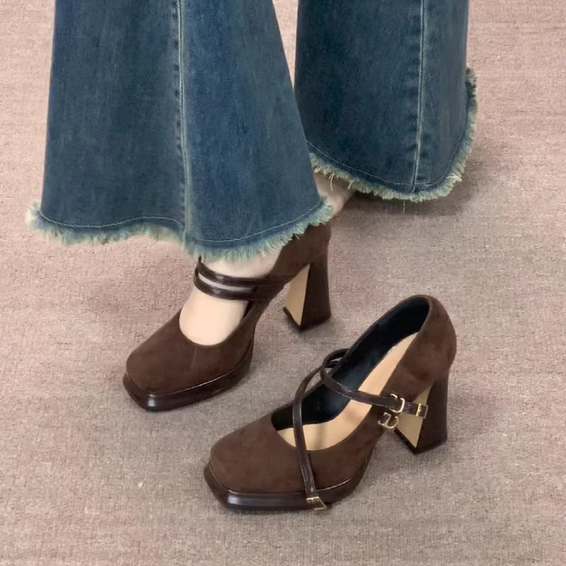 Fashionable retro platform heel mary janes - women's spring/autumn 2026 new collection - single strap, square toe, chunky heel