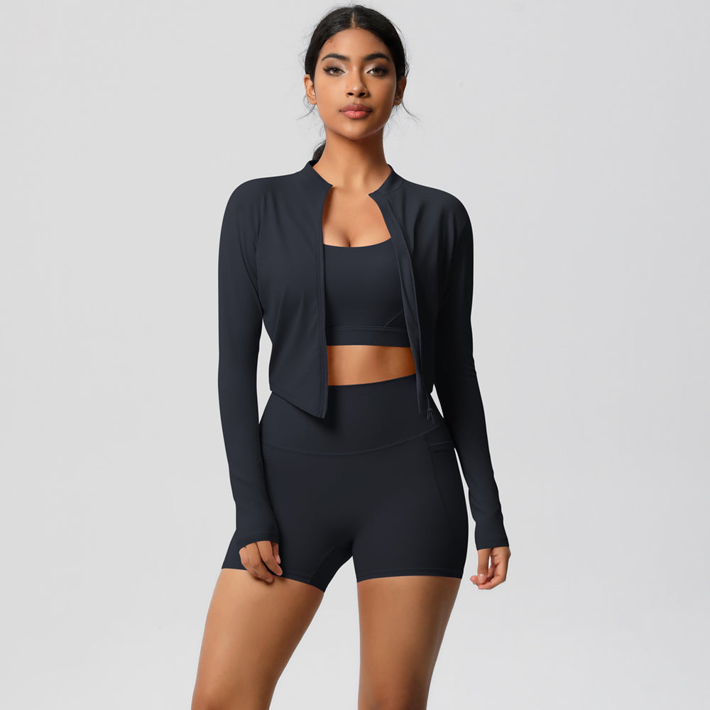High-waisted brushed fleece tight pocket yoga set - cloud-soft quick-dry activewear three-piece outfit for outdoor leisure, running, and fitness
