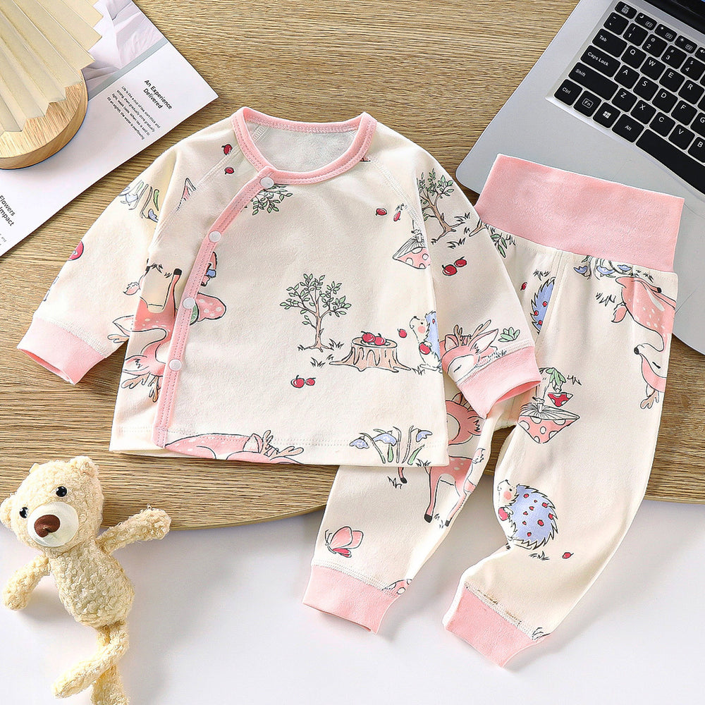 Newborn baby underwear set, all-cotton seamless thermal underwear, cute cartoon design, high-waisted pants for baby, belly protection