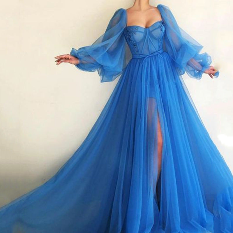 spring/summer new arrivals: european and american style one-shoulder mesh long-sleeve dress - wedding gown/large swing maxi dress