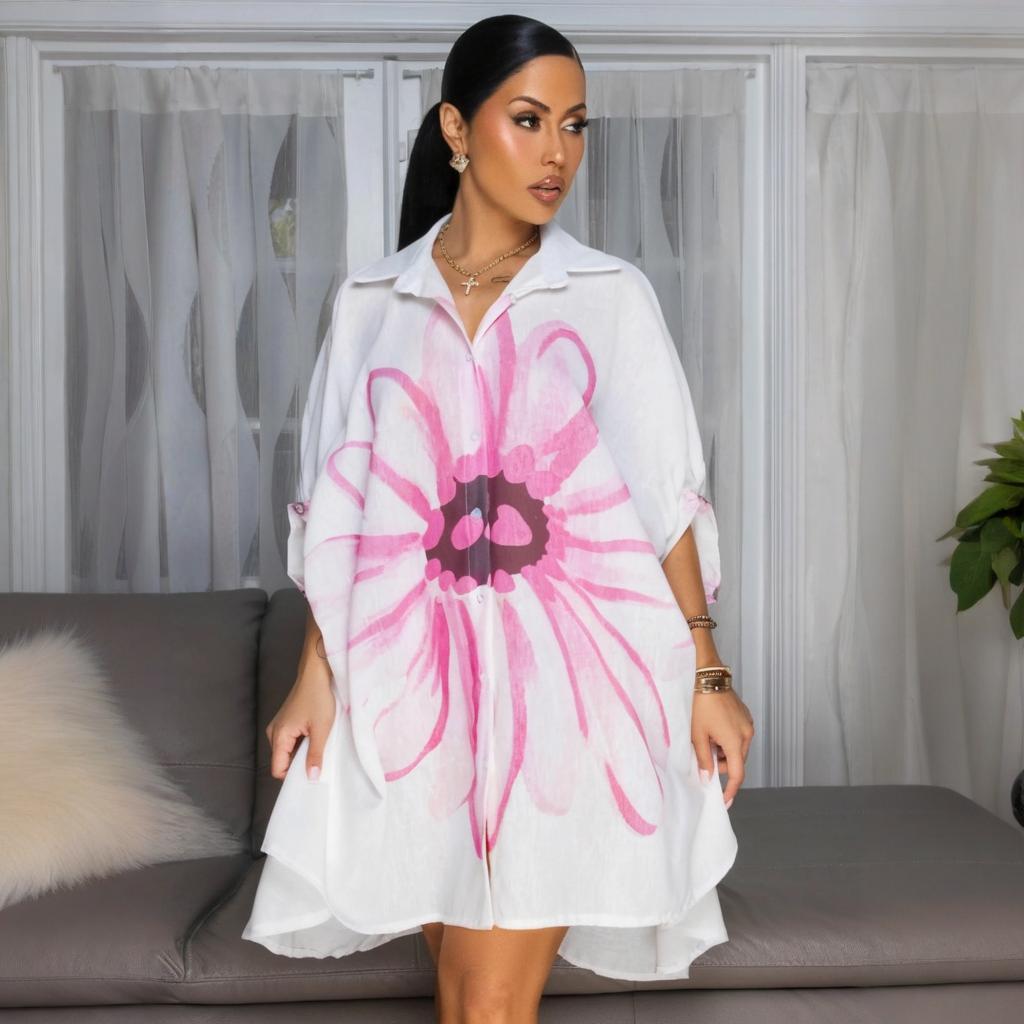 CY901788 European and American  women's clothing casual fashion printed shirt cardigan dress lapel print skirt