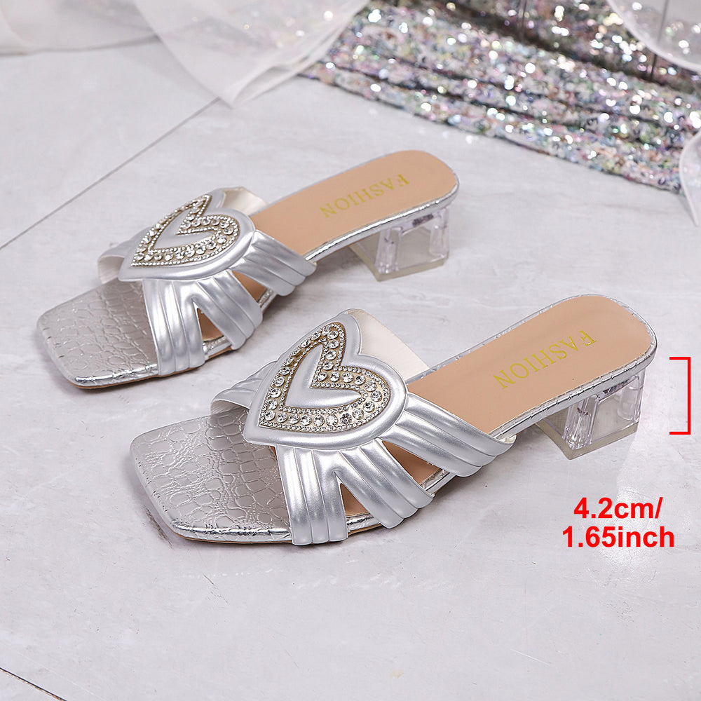 2026 summer new arrival: plus size women's casual rhinestone slides - chunky heel, perfect for skirts, cross-border e-commerce
