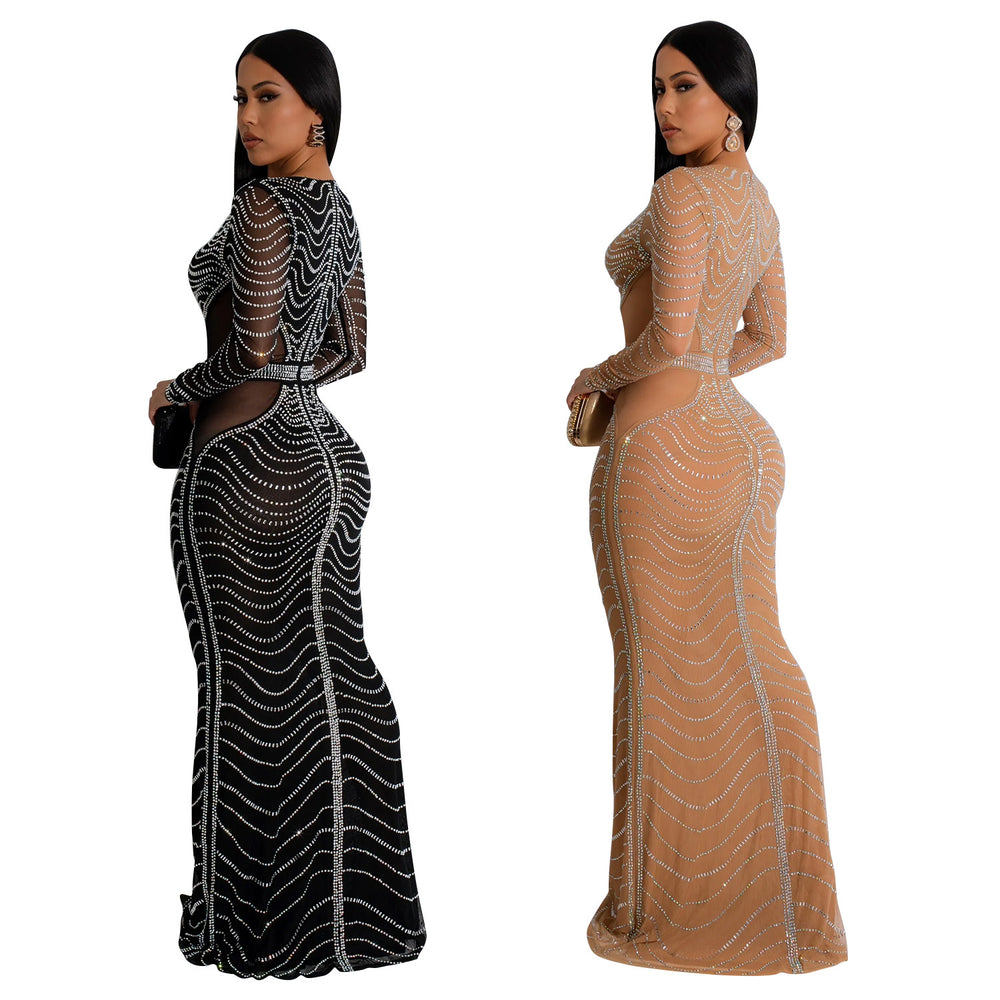 C6832 cross-border   fashion women's solid color mesh rhinestone long dress