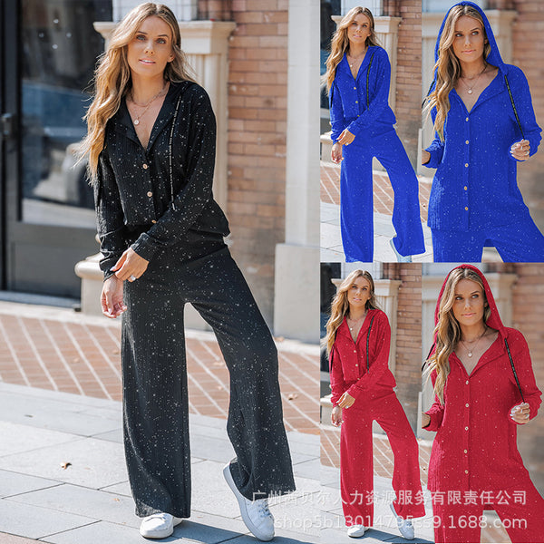 YWYC1001 Spot Women's Clothing New Powdered Textured Fabric Hooded Button Long Sleeve Casual 2-piece Set