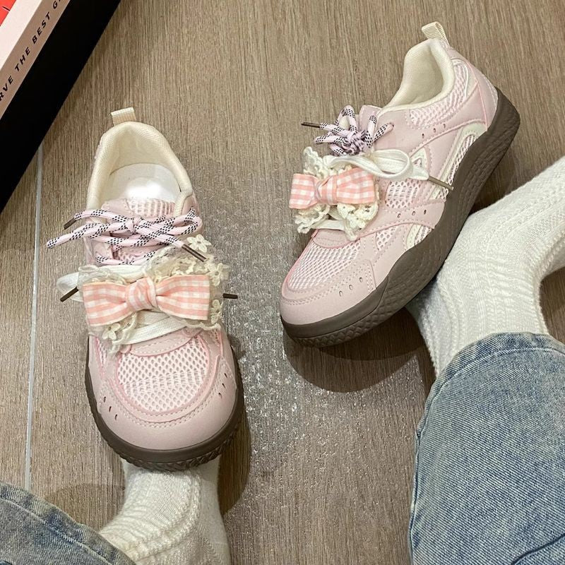 Summer mesh breathable casual shoes 2026 new versatile niche sports shoes chunky sole bowknot white sneakers for women