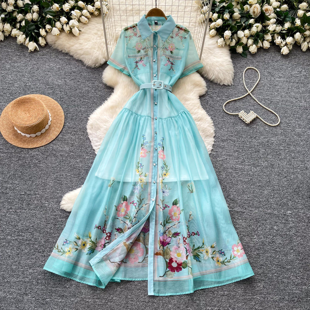 French heavy industry lapel printingdress women's summer long sleeves waist a-line skirt elegant gentle style vacation long skirt