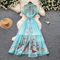 French heavy industry lapel printingdress women's summer long sleeves waist a-line skirt elegant gentle style vacation long skirt
