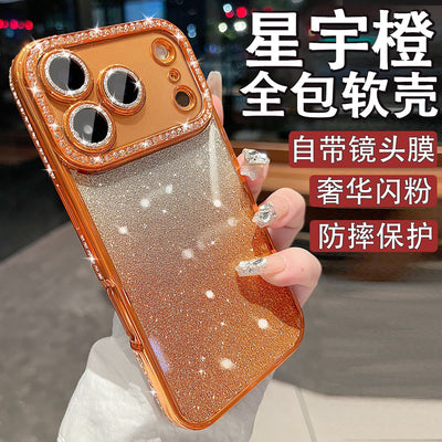 Premium rhinestone-embellished frame case for iphone 17 pro max - orange phone case, apple 15 gradient glitter full coverage