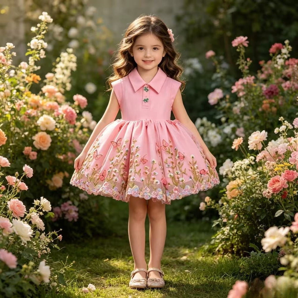 Girls' summer dress  new princess dress butterfly embroidery mesh skirt stylish children's dress summer trendy