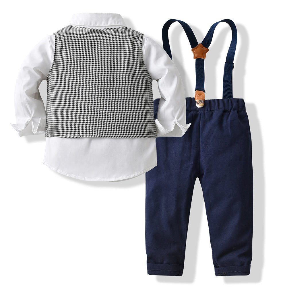 Boys' british style plaid vest, shirt, and overalls three-piece set - stylish outfit for baby boys' birthday parties and performances