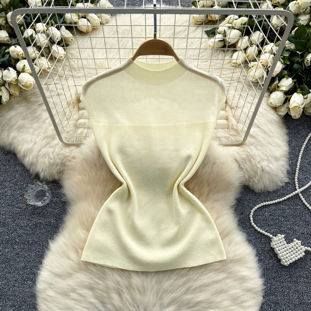 European and american style versatile new half-high neck knit top for women - pure & sexy sheer mesh panel slim-fit summer top