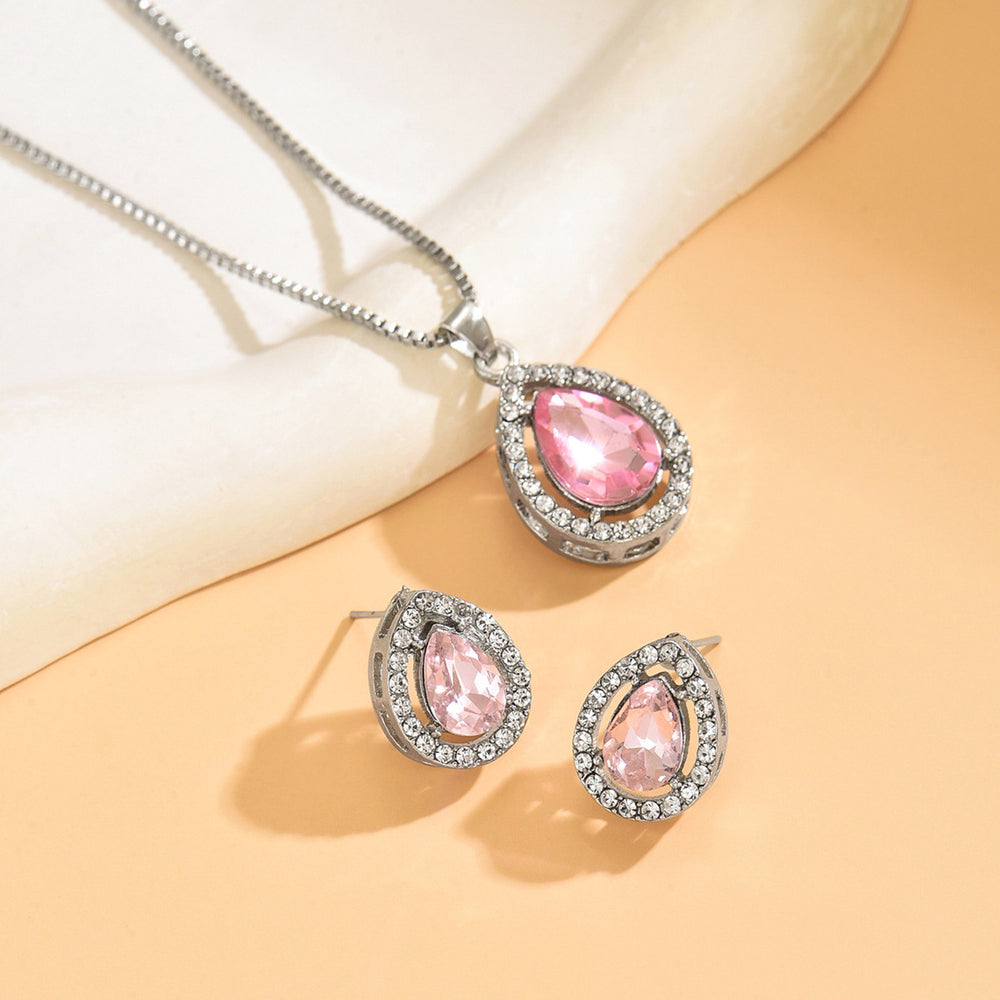 European and american cross-border fashion teardrop pendant jewelry set - women's pink sweet, light luxury, high-end necklace and earring set