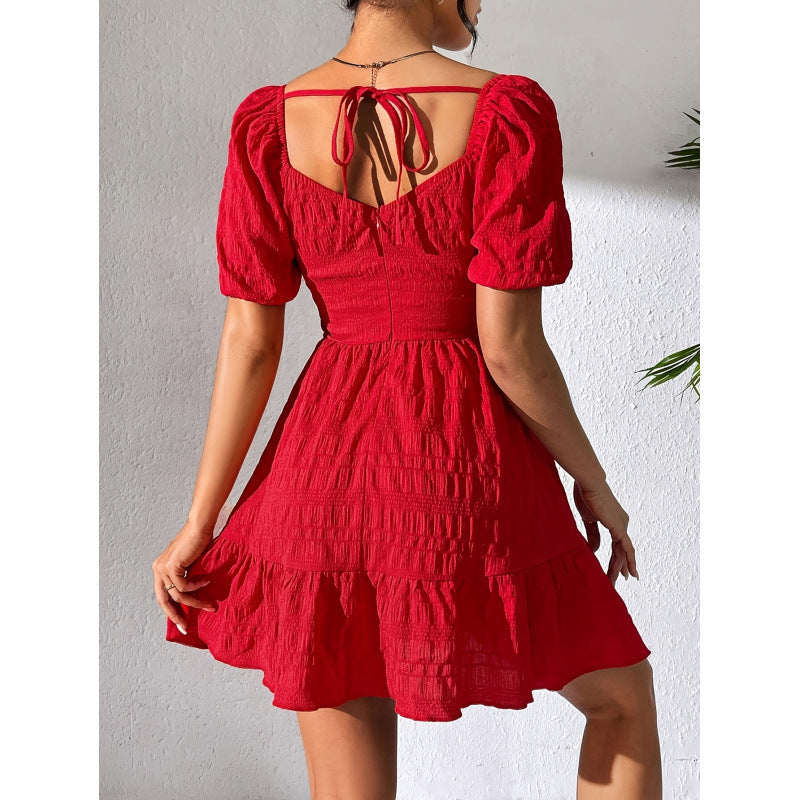 cross-border new women's babydoll dress with heart neckline, short sleeves, and puff sleeves