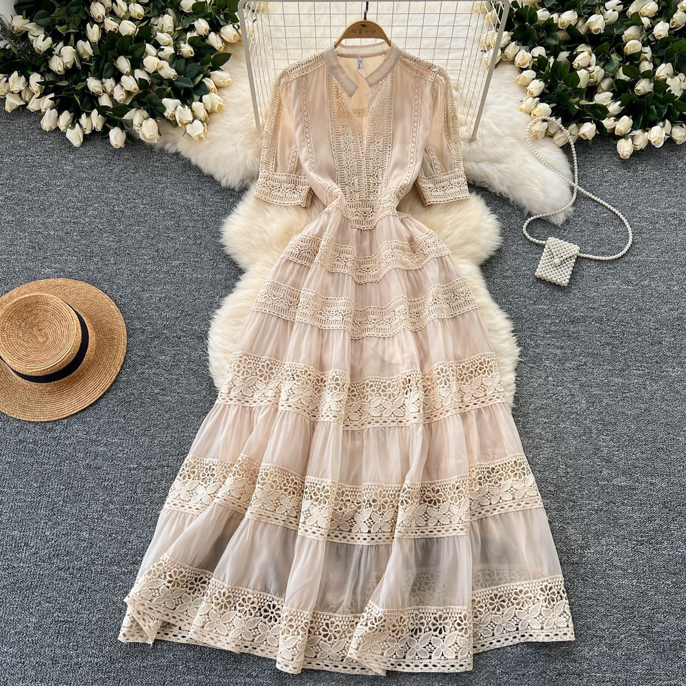 Frenchretro palace style dress women's waist slimming lookelegant puff sleeves lacepatchwork large swing dress long skirt