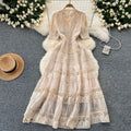 Frenchretro palace style dress women's waist slimming lookelegant puff sleeves lacepatchwork large swing dress long skirt