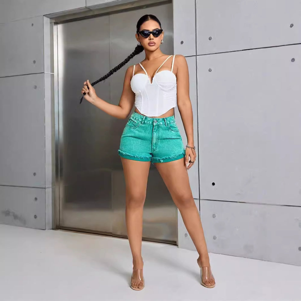 Pre-sale-65262# cross-border women's fashion european and american fashion high waist loose slimming look raw edge jeans shorts