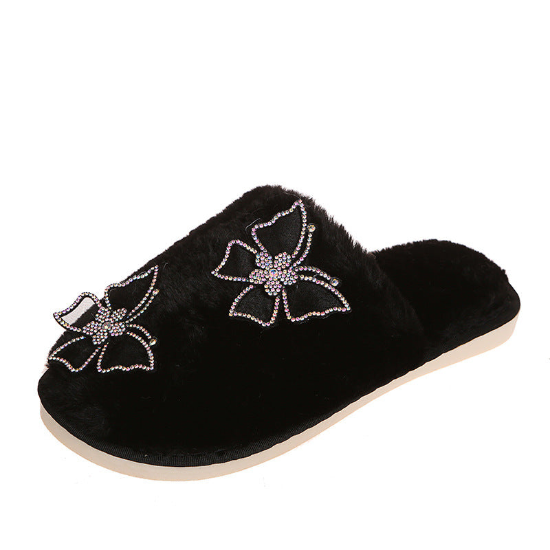 new arrivalins style cotton slippers for women indoor and outdoor flatsheattech shoes autumn and winter rhinestone butterfly popular furry slippers