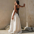 European and american cross-border women's fashion:  autumn new arrival - elegant color block tie-back open back maxi dress with spaghetti straps