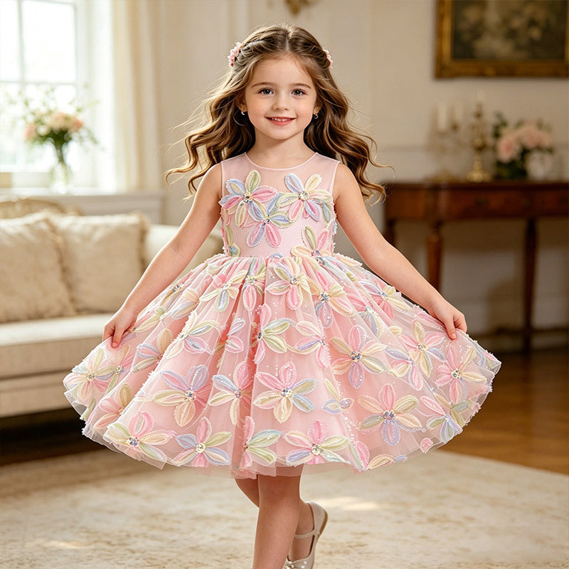 Export style baby girl dress birthday first birthday stereoembroider flower kidsdressin stock wholesale new arrival