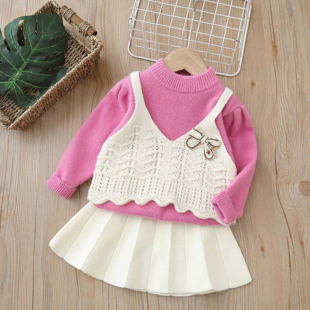 Girls' knitted sweater two-piece set -  autumn/winter new collection - bowknot cardigan and knit sweater outfit for little girls