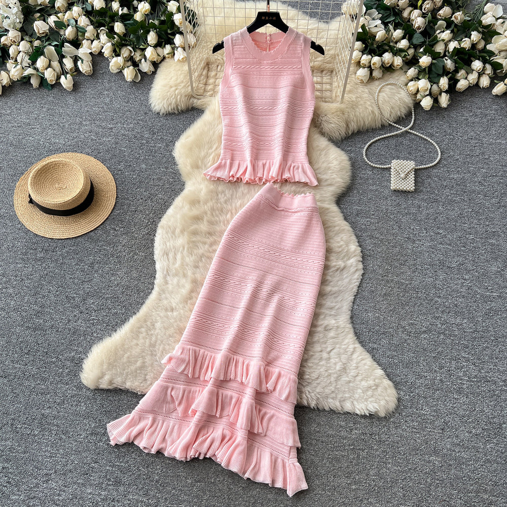 French chic knit tank top & pleated midi skirt set - women's summer slimming & elegant two-piece outfit - high-end style