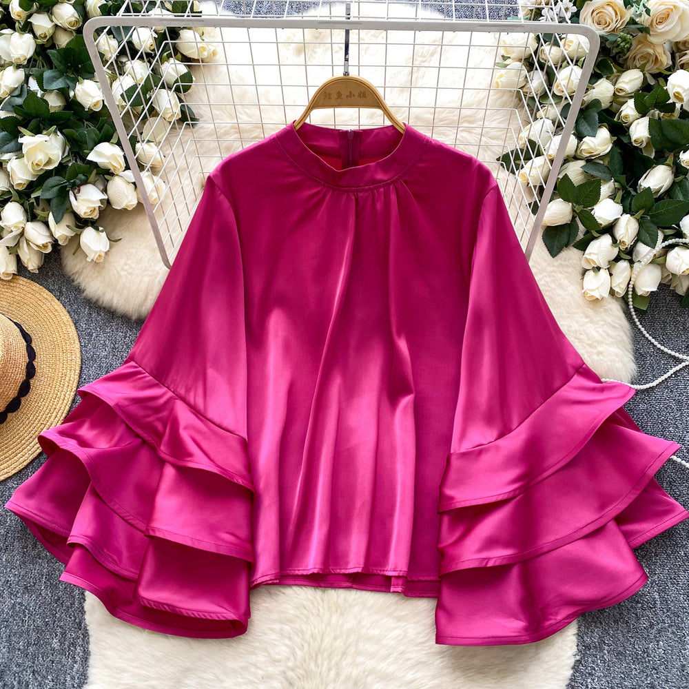 European and american chic ruffle trim flared sleeve satin blouse - women's  autumn collection, high-end versatile top
