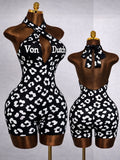 Hr26105 european and american fashion women's criss-cross halter deep v backless romper with letter print