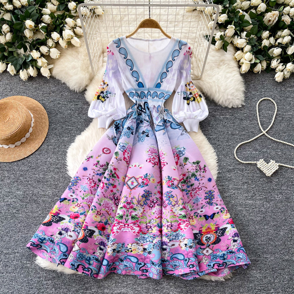 French romantic floral print dress - women's spring long sleeve slim fit a-line maxi dress - elegant, chic, and youthful