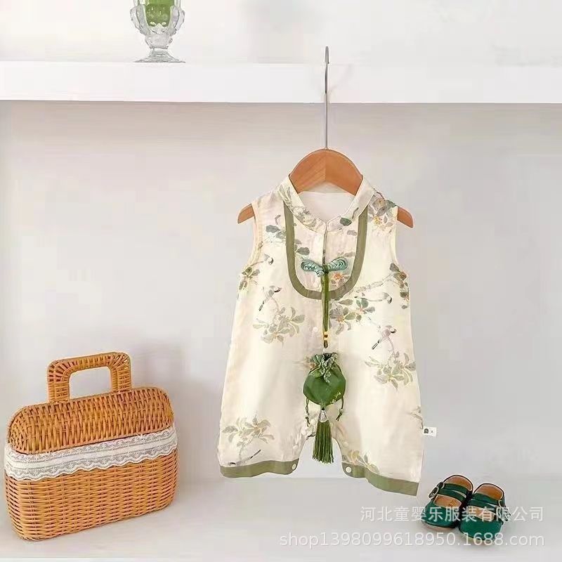 Summer chinese style romper for infants and toddlers - sleeveless, wide shoulder, newborn bodysuit - perfect for baby boys and girls, full month celebration, and crawling outfits