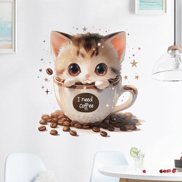Xian 33495-Cat toilet wall sticker in a coffee cup Cross-border hot-selling bathroom decorative wall sticker Waterproof wall sticker