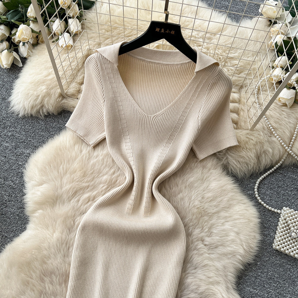 K-stylev neck short-sleeved knittingelegantdress women's summer silmslimming look waist a-line skirt light and elegant style