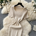 K-stylev neck short-sleeved knittingelegantdress women's summer silmslimming look waist a-line skirt light and elegant style