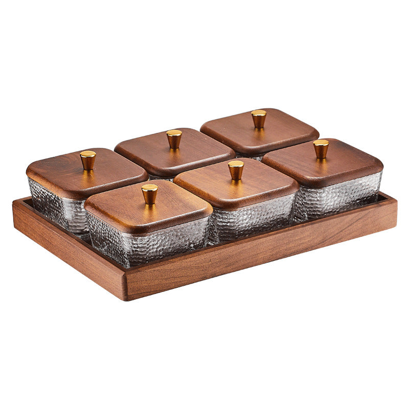 Walnut wood fruit bowl snack storage box - premium glass dried fruit dish - coffee table dessert & candy organizer
