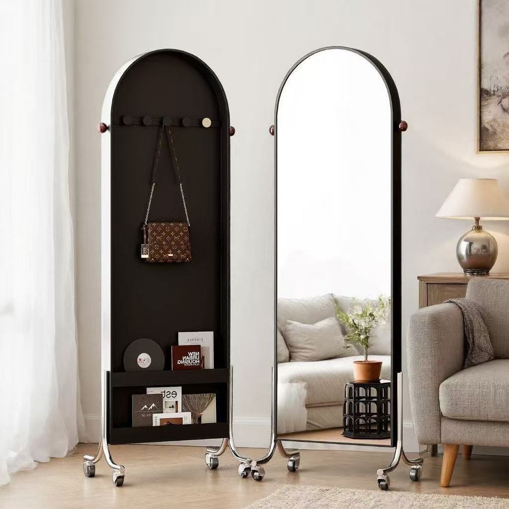 Full-length mirror, movable mirror, medieval style storage magazine rack, floor mirror, home storage bookshelf, rotating full-length mirror