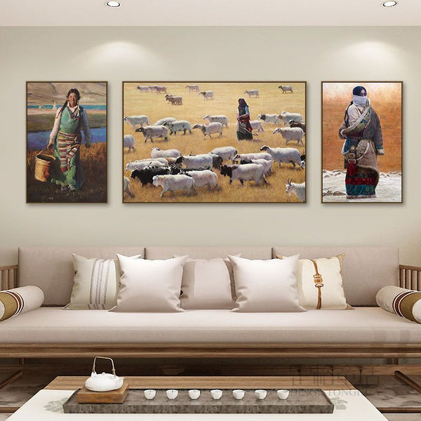 Tibetan decorative painting Tibetan landscape Xizang oil painting Minority hanging painting Character style Living room Inn mural