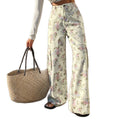 European and american style women's all-cotton floral print cargo wide-leg jeans - high-waisted, loose fit, straight leg, casual, floor-length trousers