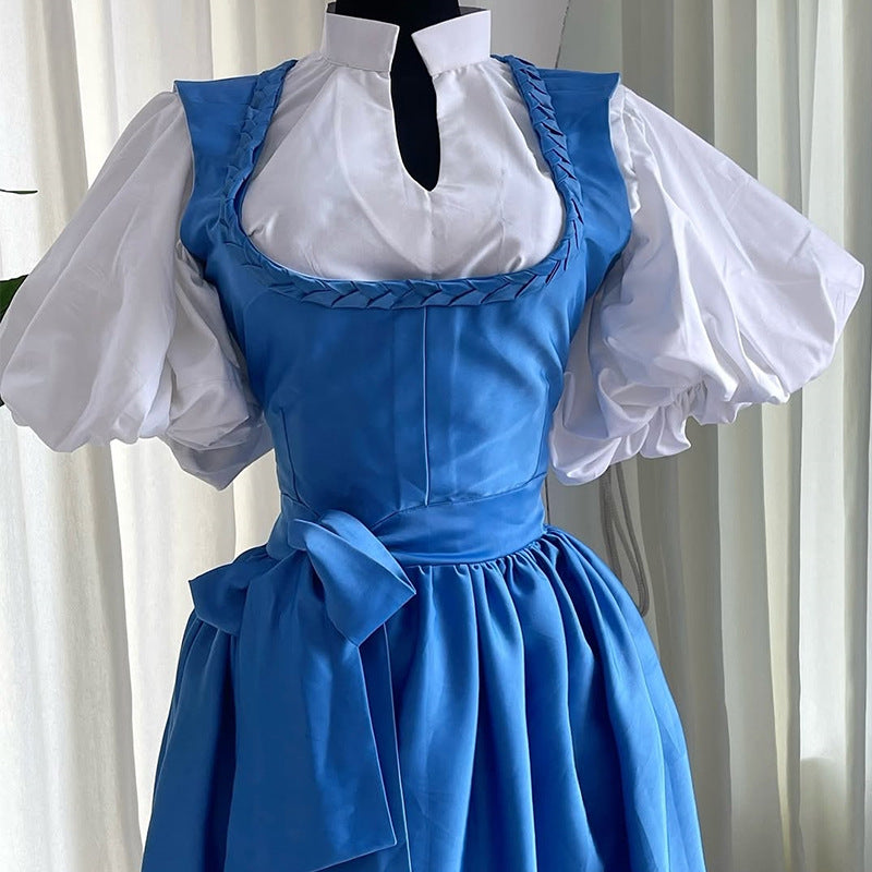 european and american women's clothing  new arrival: elegant and chic collared puff sleeve blouse and tie-waist dress two-piece set