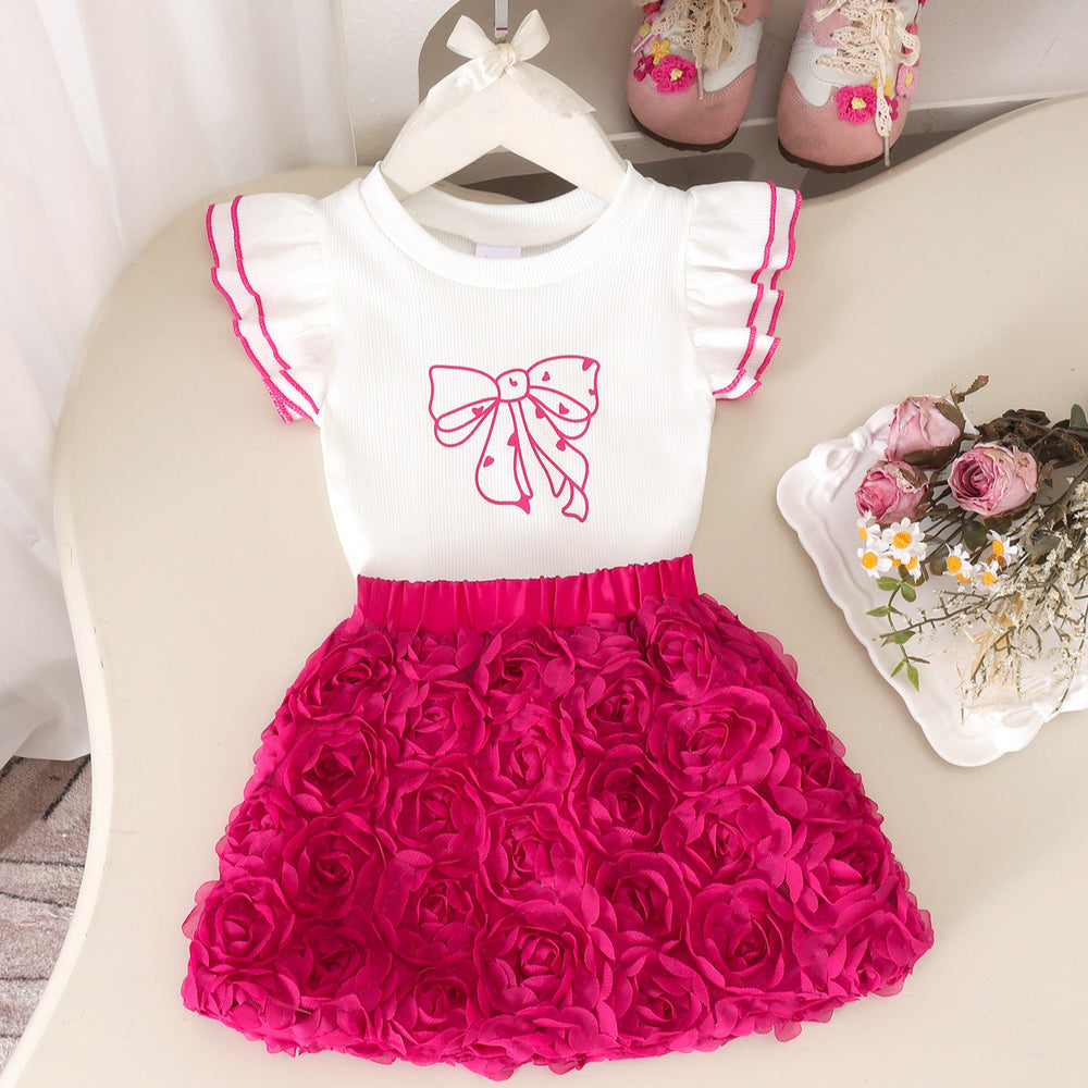 Girls' rose tutu dress with flutter sleeves, bow accent, and ribbed knit top - 3d rose tulle skirt - summer style