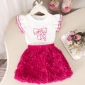Girls' rose tutu dress with flutter sleeves, bow accent, and ribbed knit top - 3d rose tulle skirt - summer style