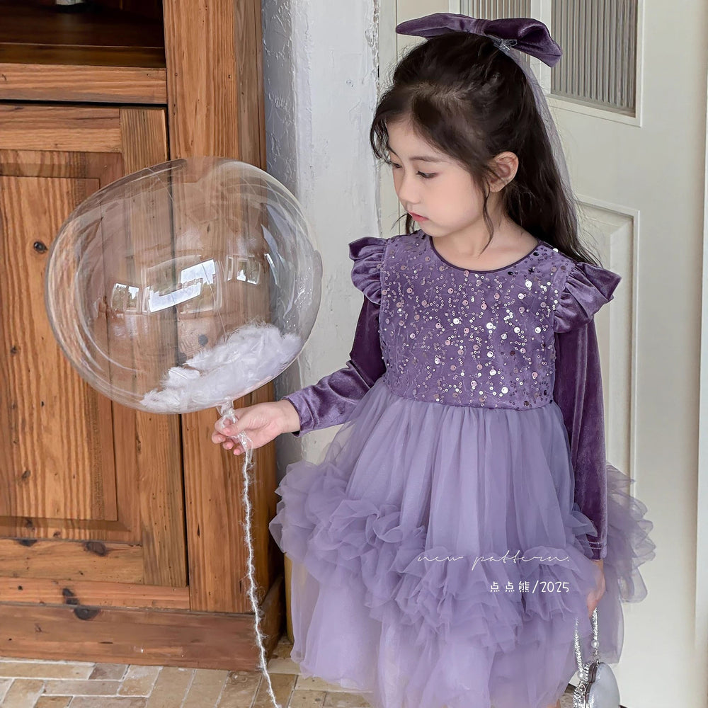 Girls' autumn dress new arrivals : stylish and cute puff sleeve sequin mesh tiered cake dress for little girls