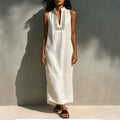 european and american cross-border independent station summer white sleeveless cut outv neck long dress vacation style loosedress