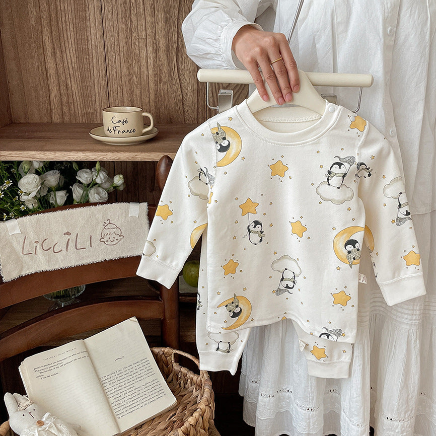 Kidsfall and winter shu velvet 300gthickenedpure cotton autumn clothes and long trousers home clothes suit class a boneless