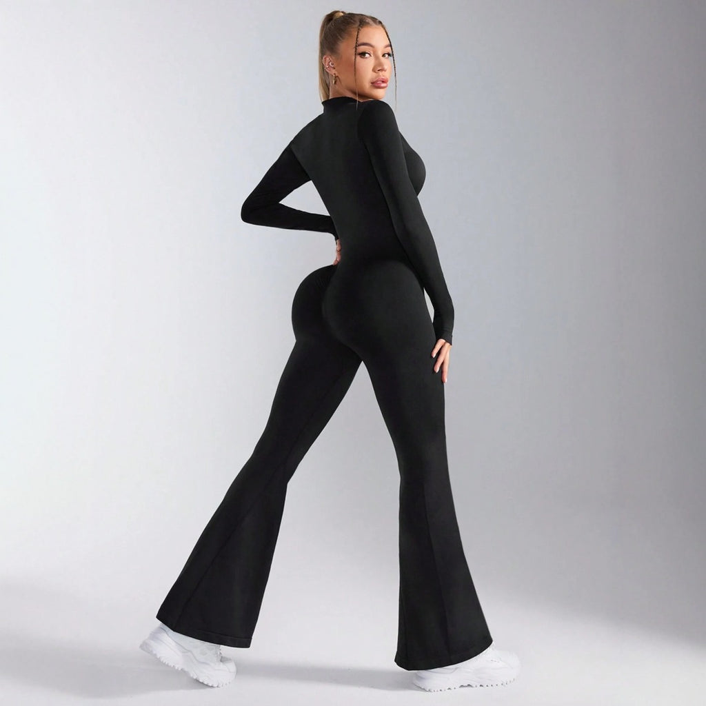 Pre-sale black stand-up collar waist and hip lift front zipper onesie women's thin flared trouser legs elastic onesie