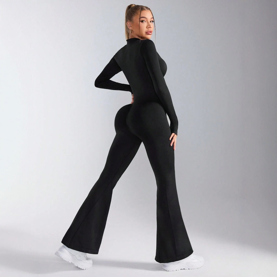 Pre-sale black stand-up collar waist and hip lift front zipper onesie women's thin flared trouser legs elastic onesie