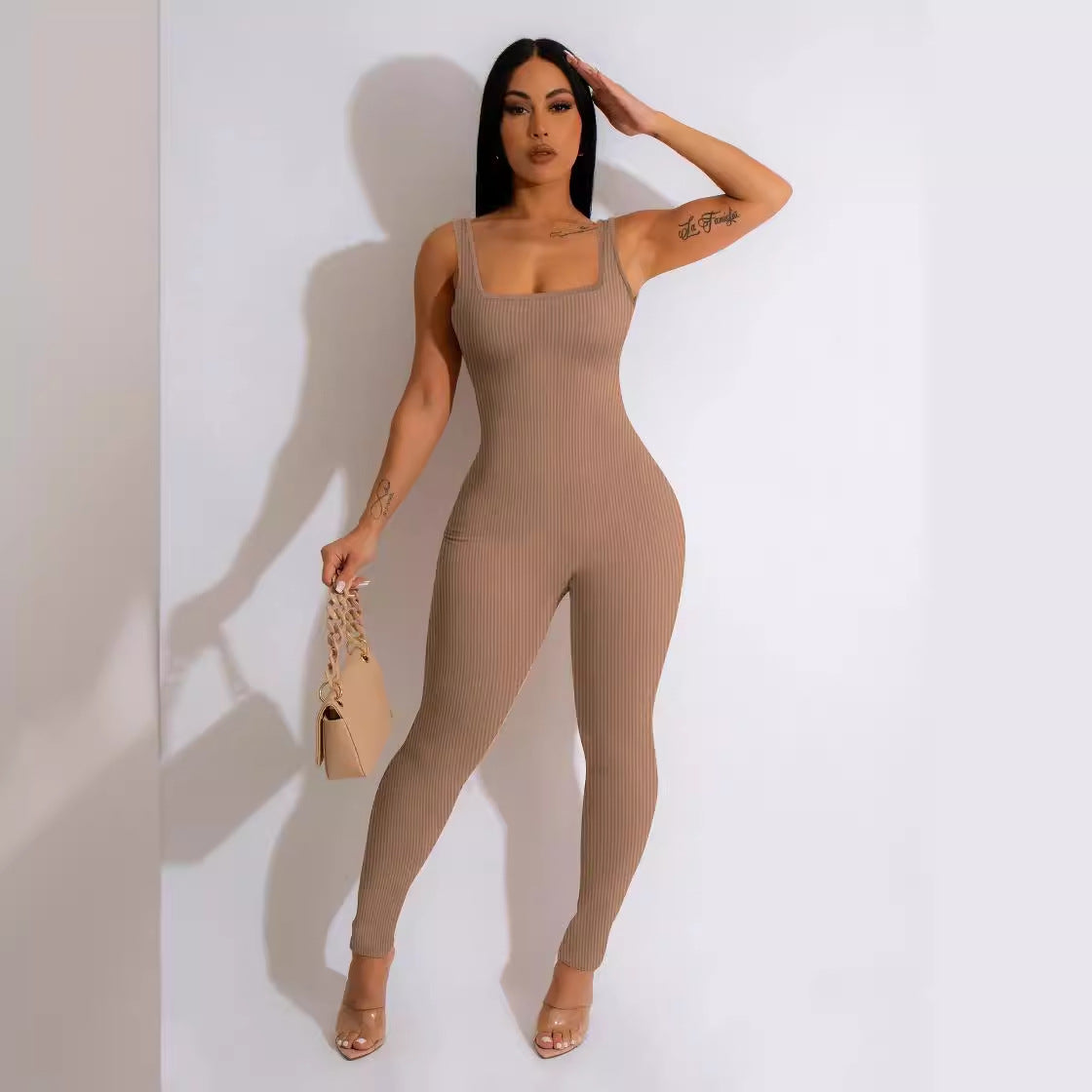 2024 Foreign Trade Women's Solid Color Sleeveless Vest onesie Threaded square neck backless hip lift slim-fit sports jumpsuit