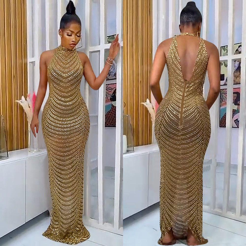 X5259 european and american fashion   sexy backless nightclub party dress rhinestone see-through maxi dress for women