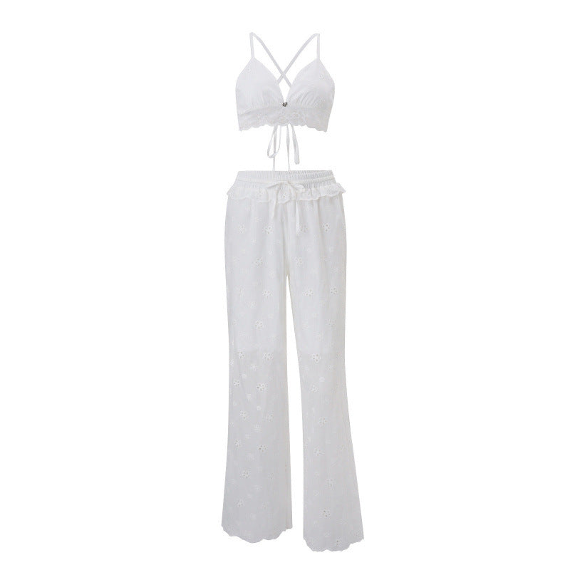 European and american style women's summer  new slim-fit hollow-out jacquard cropped inner top and fashionable casual pants set